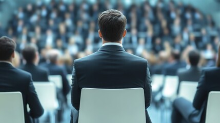 Leinwandbilder - A focused individual sits in a formal setting, facing a large audience, emphasizing themes of leadership, engagement, and professional gatherings.