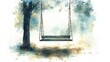 © Phatharaporn - Watercolor painting of a wooden swing hanging from a tree, serene and peaceful atmosphere, soft blue and green tones, tranquil outdoor scene, light and shadow, minimalist style.