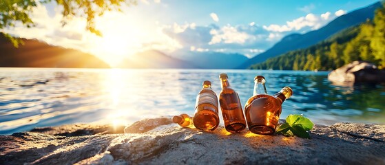 Wall Mural - Picturesque reservoir surrounded by mountains and trees with scattered glass bottles and bottle caps along the shoreline illuminated by the warm glow of the setting sun