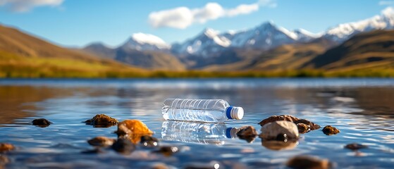 Wall Mural - Plastic bottles and other waste floating in a serene mountain lake with the scenic alpine landscape reflected in the still waters