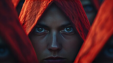 Wall Mural - A woman with a red hoodie is in the center of the image