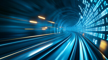 futuristic digital tunnel with motion blur and binary code. concept of fast data transfer and advanc