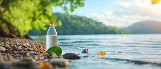 Wall Mural - Scenic rocky shoreline of a tranquil lake with scattered plastic bottles and other litter polluting the otherwise pristine natural environment