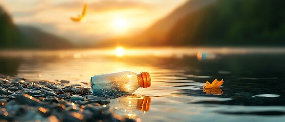 Wall Mural - Scenic sunrise over a tranquil reservoir filled with floating plastic bottles reflecting the beautiful sky and highlighting the need for environmental conservation and sustainability