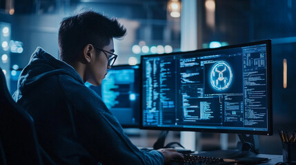 a focused individual works on multiple screens, immersed in programming and software development, sh