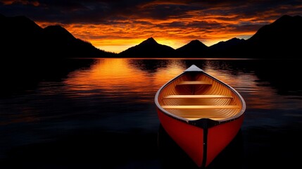 Wall Mural - Serene Sunset Serenity: A solitary canoe rests peacefully on the still waters of a lake, bathed in the warm glow of a fiery sunset.  The silhouette of distant mountains frames the scene.