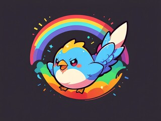 Sticker - Rainbow Bird: A vibrant illustration of a cute, cartoon bird soaring through a rainbow.