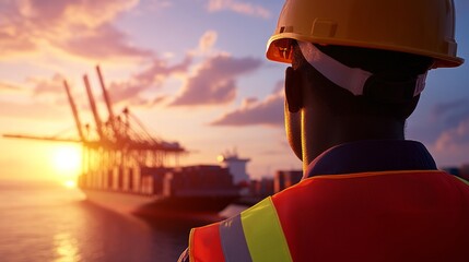 Poster - Industrial Precision Port Worker in Vibrant Gear Scanning Containers at Sunset - Logistics Innovation and Sustainable Urban Supply Chain Management