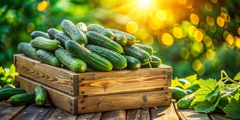 Wall Mural - Freshly Harvested Cucumbers in Rustic Wooden Crate - Summer Garden Bounty