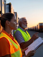 Poster - Collaborative Supply Chain Strategy Latina Woman and Older Man in Reflective Gear at Cargo Dock - Sunrise Efficiency in Modern Logistics for Professional Impact