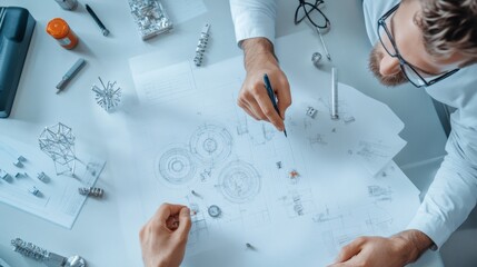 Poster - Chrome Aesthetic Design Collaboration Young Professionals Innovating with Blueprints and Metallic Models in Advanced Workspace - Enhancing Modern Engineering and Architectural Solutions