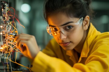 Fototapete - Contemporary Industrial Workstation Female Student Perfecting Circuit Board with Precision Tools - Vocational Education and Tech Training for Emerging Engineers
