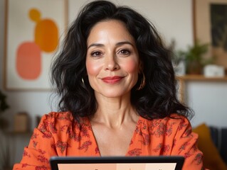 Poster - Modern Cozy Workspace Latina Woman with Tablet Showcasing Transparency Report in Warm Home Office - Business Innovation and Remote Collaboration for E-Government