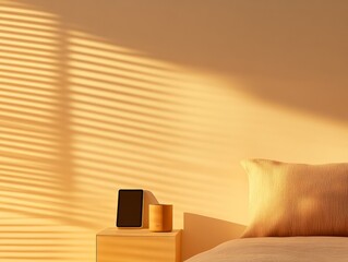 Aufkleber - Minimalist Sunset Bedroom with Smart Blinds and Automation Tablet Elevate Home Aesthetics and Comfort for Modern Living Perfect for Smart Home Enthusiasts