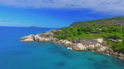 Poster - La Digue, Seychelles. Aerial view of amazing tropical beach on a sunny day