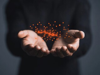 Fototapete - Futuristic Holographic Interface Hands Illuminating AI Data Visualization and Virtual Dashboards - Enhancing Tech-Driven Collaboration in Modern Business Environments