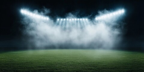Fototapete - Immersive Stadium Light Design Foggy Light Show on Expansive Turf - Spectacular Sports Venue Content for Entertainment Branding and Dynamic Event Marketing