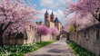 © janzwolinski - Cherry blossoms blooming along a path leading to a historic cathedral