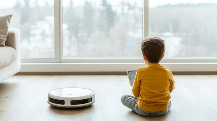 Poster - Minimalist Smart Home Innovative Robotic Vacuum in Bright Living Space - Automation Technology for Modern Family Living and Efficient Daily Task Management