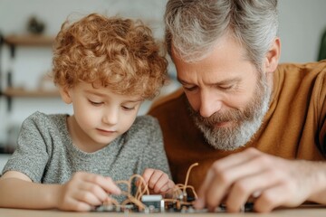 Fototapete - Modern Family Bonding in Smart Homes Father and Son Craft Interactive Raspberry Pi Project - DIY Tech Learning and Sensor Innovation in Bright, Functional Kitchen