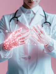 Leinwandbilder - Futuristic Medical Aesthetic Doctor in Lab Coat with Holographic Interface Gloves - Innovative Healthcare Wearable Technology and Remote Patient Monitoring for Modern Medicine