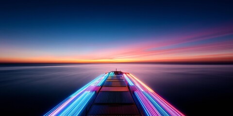 Poster - Dynamic Logistics Visualization Vibrant Neon Lines on Cargo Ship with Sunset Backdrop - Innovative Supply Chain Imagery for Digital Marketing and Global Trade Strategies