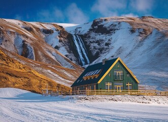 Canvas Print - Iceland, a K-shaped waterfall in front of a green mountain with an aurora borealis sky above it, captured at night, a stunning landscape photograph with vibrant colors and high resolution. 