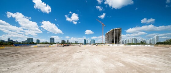 Poster - Urban Development Scene Empty Lot with Towering Crane and Skyline - Modern Construction Planning and Responsible Infrastructure for Sustainable City Growth