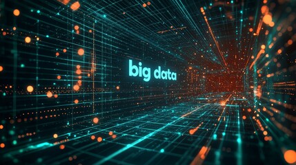Futuristic cyber space background with an abstract grid of digital matrix particles in a virtual reality setting.