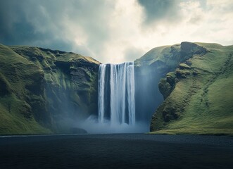 Canvas Print - Iceland, a K-shaped waterfall in front of a green mountain with an aurora borealis sky above it, captured at night, a stunning landscape photograph with vibrant colors and high resolution. 