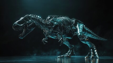 Wall Mural - Metallic T-Rex dinosaur skeleton, futuristic cyborg design, dark background.