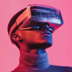 Fototapete - Neon Tech Fusion Holographic VR Headset on Young African Descent Man in Knitwear - Immersive Gaming and Interactive Marketing with Futuristic Design Elements
