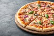 © Preeyanuch - A delicious pizza topped with cheese, olives, onions, and fresh basil, served on a wooden board, perfect for sharing and enjoying.