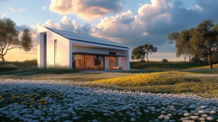 Wall Mural - A sleek, modern house surrounded by vibrant flowers and lush greenery under a colorful sky, evoking tranquility and harmony with nature.