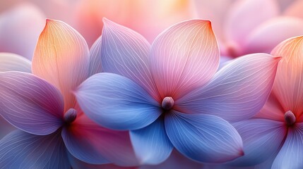 Wall Mural - A close-up of delicate pastel flowers in shades of pink and blue, creating a serene and calming atmosphere, perfect for spring themes and romantic occasions.