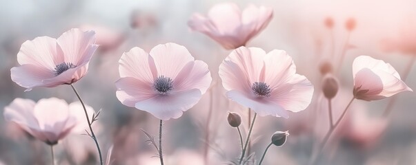 Wall Mural - A serene field of soft pink poppies swaying gently in the breeze, evoking feelings of peace and beauty in nature.