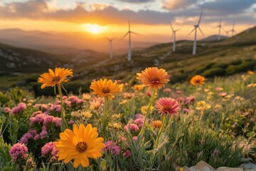 Wall Mural - A vibrant field of flowers in bloom at sunset, with wind turbines in the background, symbolizing nature and renewable energy.
