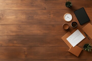 Poster - Contemporary Business Essentials Wooden Boardroom Table with Documents and Charts for Collaborative Leadership in Corporate Strategy and Open Communication