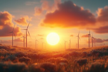 Wall Mural - A breathtaking sunset illuminating a field of wind turbines, surrounded by lush grass and soft clouds, symbolizing renewable energy and environmental harmony.
