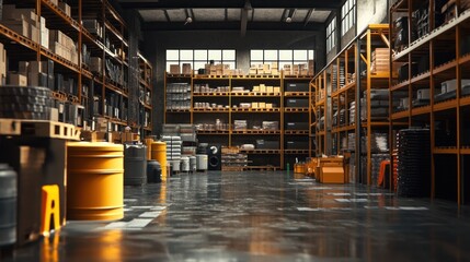 Wall Mural - Industrial Warehouse Interior with Yellow Barrels and Shelving