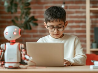 Aufkleber - Modern Learning Hub Tech-Savvy Indian Teen Engaged in Robotics and Coding with Laptop in Cozy Room - Future-Focused STEM Education for Digital Skills and Innovation