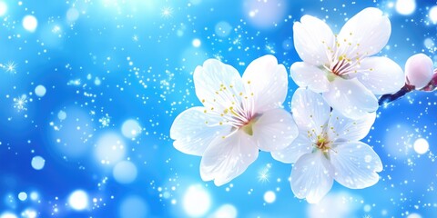 Wall Mural - Delicate white cherry blossoms against a dreamy blue background, evoking feelings of peace and renewal, perfect for spring and celebrations.
