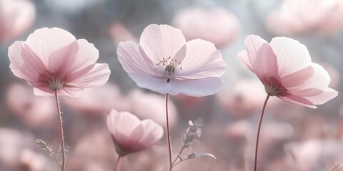 Wall Mural - A serene scene featuring three soft pink flowers swaying gently in a sunlit field, evoking feelings of peace and beauty.