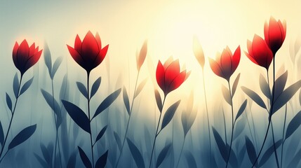 Wall Mural - A serene scene of red flowers silhouetted against a soft sunrise, evoking feelings of peace, beauty, and new beginnings.