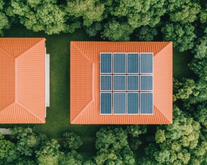 Poster - Sustainable Urban Homes Aerial View of Eco-Friendly Residences with Solar Panel Roofs in Green Landscapes - Energy-Smart Design for Modern Real Estate Development and Environmental Living