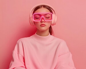 Aufkleber - Neon Aesthetic VR Experience Young Woman in Pink with Futuristic Goggles and Headphones - Digital Marketing and Gamer Lifestyle Trends in Tech Innovation
