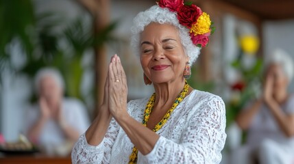 Elderly african female celebrating with joyful expression and floral accessory.