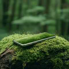 Aufkleber - Nature-Integrated Tech Moss-Covered Smartphone Reflecting Greenery on Forest Log - Digital Detox Content and Sustainable Technology Marketing