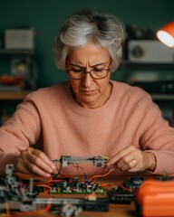 Fototapete - Creative Home Robotics Middle-Aged South Asian Woman Assembling DIY Robot Kit on Wooden Desk - Innovative Tech Learning and Family Robotics in Cozy Workshop