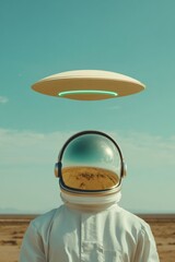 Aufkleber - Futuristic Sci-Fi Vision Reflective Helmeted Astronaut and Luminous UFO in Desert - Tech-Driven Content for Sci-Fi Media and Immersive Visual Storytelling